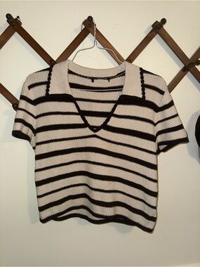 Steve Madden Black and Cream Striped Knit Crop Top